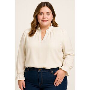 J Crew Womens Blouse Sz 2X Ivory Ruffle Neck Top 365 Crepe Wrinkle Resistant